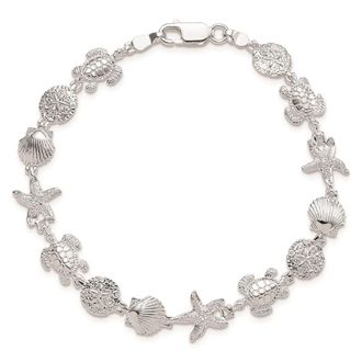 Diamond2Deal Sterling Silver Rhodium-plated Polished/Textured Sea Life Bracelet 7.25