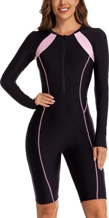 Feoya Womens Rash Guard One Piece Boyleg Swimsuit Long Sleeve Swimwear Front Zip Wetsuits Sun Protection Swimming Costume Tummy Control Bathing Suit Surfing