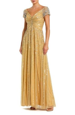 Mac Duggal Striped Sequin Mesh Gown With Beaded Shoulders in Gold at Nordstrom, Size 10
