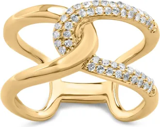 House of Brilliance 18K Yellow Gold Plated.925 Sterling Silver Pave Set 1/4 Cttw Diamond Open Crossover Band Ring