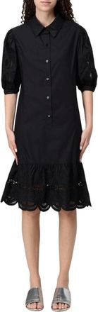 Liu Jo Kleedjes, Dames, Zwart, S, Katoen, Chique Jurk met Eyelet Borduurwerk