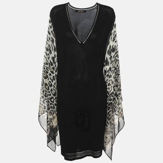 Roberto Cavalli Black Jersey And Animal Print Silk Dress