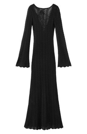 Mango Lace-Up Open Back Long Sleeve Sheer Pointelle Maxi Dress in Black at Nordstrom, Size 10
