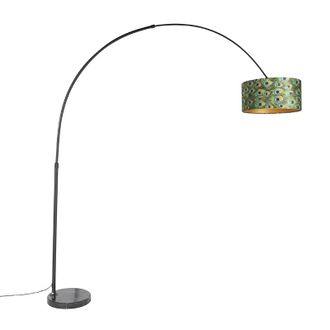 QAZQA Qazqa Moderno L&aacute;mpara De Arco Bot&aacute;nica Con Pantalla De Terciopelo Negro Dise&ntilde;o Pavo Real 50 Cm - Xxl Acero /m&aacute;rmol /textil Alargada /cil&iacute;ndra /redonda
