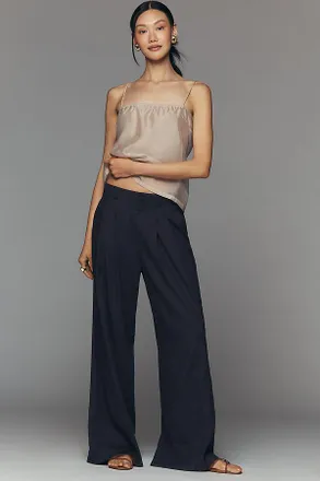 Maeve Avery Linen Stretch Pleated Wide Leg Trousers Pants