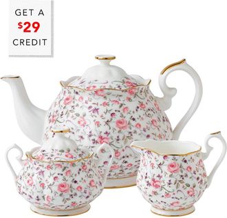 Royal Albert Rose Confetti 3Pc Teapot Sugar Cream Vintage Set With $29 Credit