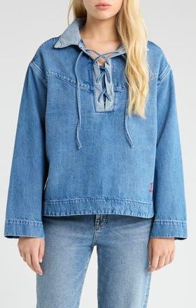 Damson Madder Scarlett Lace-Up Denim Rugby Shirt in Blue at Nordstrom Rack, Size 4 Us / 8 Uk