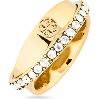 Tory Burch Icon Pav&eacute; Double Ring in Tory Gold /Crystal at Nordstrom, Size 7