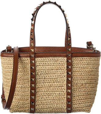 Valentino Rockstud Straw & Leather Tote