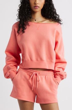 BP. Fleece Detail Off the Shoulder Sweatshirt in Coral Shell at Nordstrom Rack, Size Medium