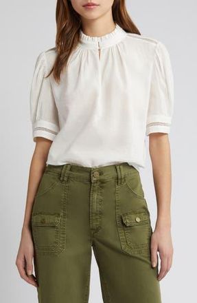Frame Denim Lace Trim Puff Sleeve Linen Blend Top in White at Nordstrom Rack, Size Small