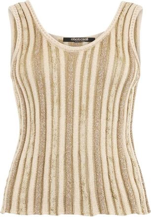 Roberto Cavalli Striped Lurex Knit Top - Dames - Tops zonder mouwen - Beige - M - Katoen - Tops