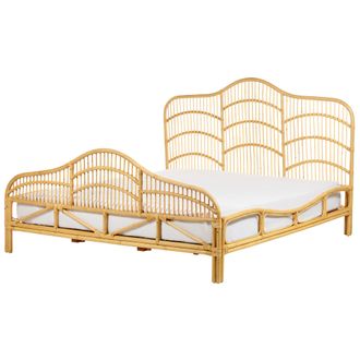 Beliani Cama Con Somier De Rat&aacute;n Madera Clara 180 X 200 Cm Caoba Trenzado Cabecero Domeyrot