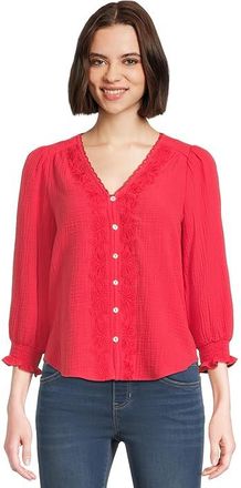 Liverpool L.A. 3/4 Sleeve Embroidered Woven Blouse Womens Clothing Geranium : LG, Modal/Viscose