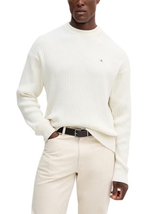 Calvin Klein Jeans Mens Ribbed Knit Crew Neck Sweater - Ivory Cotton - Size X-Large