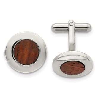 Diamond2Deal Stainless Steel Polished Koa Wood Inlay Circle Cufflinks