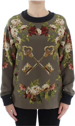 Dolce & Gabbana Groene Key Bloemenprint Zijden Trui - Dames - Ronde hals truien - Groen - S - Truien & Vesten