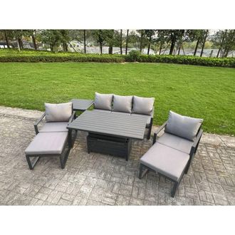 Fimous Aluminum 7-Piece Sofa Set with Lifting Table, 2 Chairs, 2 Big Stools in Dark Grey