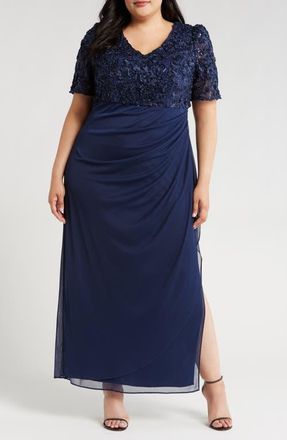 Alex Evenings Embellished Short Sleeve Empire Waist Gown in Navy at Nordstrom, Size 18W