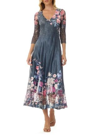 Komarov Floral Charmuese Dress with Lace Sleeves in Florenza at Nordstrom, Size Medium