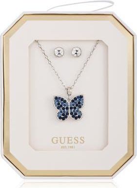 Guess Butterfly Pendant Necklace & Stud Earrings Set in Silver/blue at Nordstrom Rack
