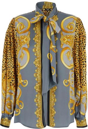 Versace Cheetah Foulard Zijde Satijn Shirt - Dames - Blouses - Veelkleurig - M - Satijn - Overhemden