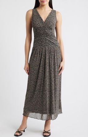 Loveappella Leopard Print Ruched Mesh Maxi Dress in Taupe at Nordstrom, Size X-Small