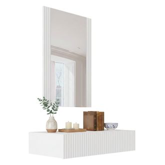 Dmora Consola Premolo, Entrada Suspendida Con Espejo, Dise&ntilde;o Moderno Efecto Ca&ntilde;a, 80x42 H97 Cm, Blanco