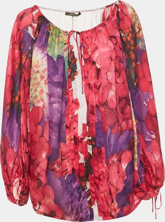 Roberto Cavalli Pink Floral Print Silk Pleated Blouse