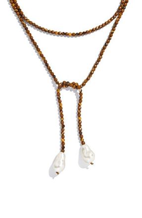 BaubleBar Faux Pearl & Faux Semi Precious Stone Wrap Necklace in Brown at Nordstrom