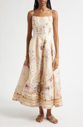 Camilla Corset Linen & Silk Twill Fit & Flare Dress in Adorned In Aranjuez at Nordstrom, Size X-Large