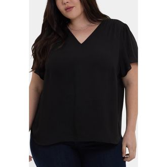 NYDJ Pintuck Flutter Sleeve Top in Black at Nordstrom, Size 0X