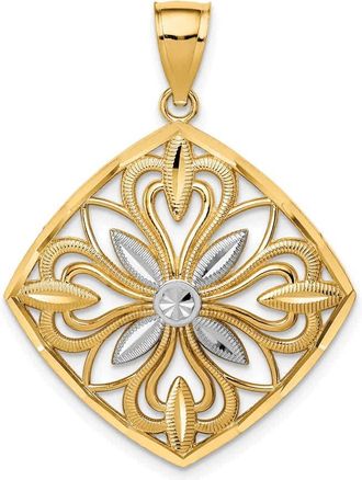 Diamond2Deal 14k Yellow Gold and White Rhodium Diamond-cut Fancy Square Charm Pendant