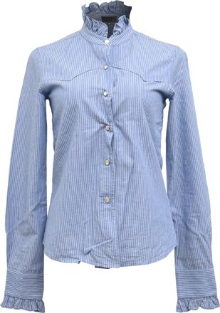 Nili Lotan Nili Lotan Striped Buttoned Ruffled-Neck Blouse in Blue Cotton