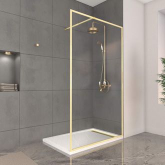 Aurlane Mampara De Ducha 120x200cm Acabado Oro Cepillado + Plato De Ducha Blanco Efecto Piedra 120x80x4cm