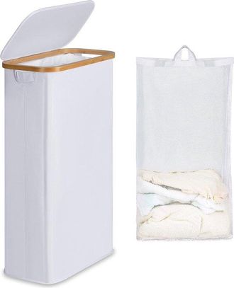 OEM Cesto De Ropa De 63 Litros - Cesto Plegable Con Tapa - Blanco Con Asas De Bamb&uacute;