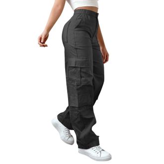 Generic Womens Black Trousers, Cargo Trousers Women High Waisted Work Trouser Multiple Pockets Hiking Walking Combat Pants Casual Outdoor Bottoms Streetwear S