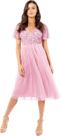 Maya Womens Ladies Midi Dress for Wedding Guest Faux Wrap Evening Gown Bridesmaid Prom Pink V Neck Sequins, 20