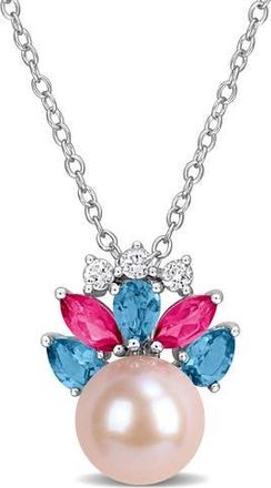 Delmar 8-8.5mm Cultured Freshwater Pearl & Gemstone Cluster Pendant Necklace in Pink/Blue/Silver Multi at Nordstrom Rack