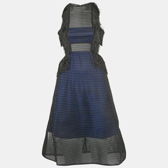 Self Portrait Navy Blue/black Neoprene Flared Fringed Mini Dress