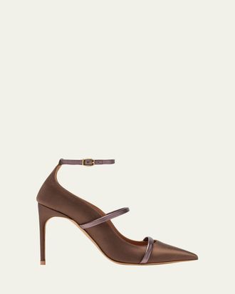 Malone Souliers 90mm Diaz Satin and Metallic Leather Ankle-Strap Pumps
