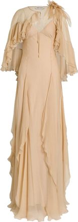 Alberta Ferretti Flowing Maxi Dress With Sheer Overlay And Ruffled Edges
