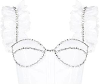 Area Kristal Versierde Poplin Ruffle Bustier Cropped Top - Dames - Tops zonder mouwen - Wit - 2XS - Katoen - Tops