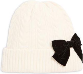 Kate Spade New York Velvet Bow Braided Cable Beanie in Cream at Nordstrom Rack
