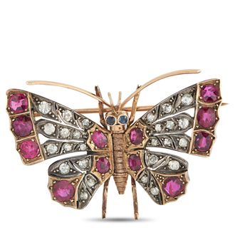 Luxury Bazaar Antique 14K Rose Gold and Silver 0.80ct Diamond and Ruby Butterfly Brooch MF01-051326