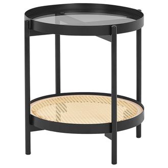 Beliani Mesa Auxiliar Moderna Tablero De Vidrio Estructura Redonda De Metal 1 Estante Trenza Vienesa Madera Clara Reno