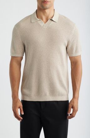 Reigning Champ Victor Johnny Collar Cotton & Linen Mesh Stitch Polo Sweater in Heather Oatmeal at Nordstrom, Size Xx-Large
