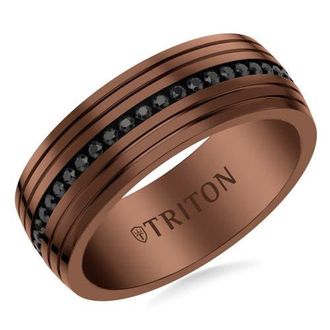 Triton 8MM Espresso Tungsten and Black Tungsten Stripe Inlay with Black Sapphire Eternity Center and Bevel Edge in Brown at Nordstrom, Size 11.5
