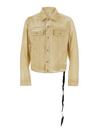 Rick Owens Trucker Beige Jacket With Classic Collar And Drawstring Detail On The Waist In Cotton Man