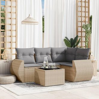 vidaXL Juego De Sof&aacute;s Jard&iacute;n Con Cojines 5 Pzas Rat&aacute;n Sint&eacute;tico Beige Vidaxl